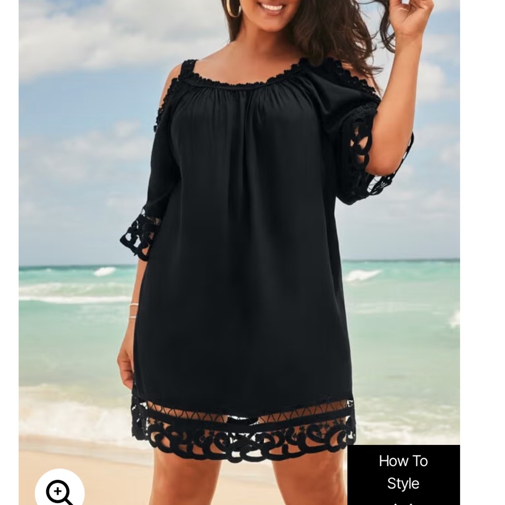 Vera Crochet Cold Shoulder Swim Cover-up-Black